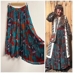 Vintage Pleated Broomstick Bright Abstract Printed Elastic Peasant Skirt S/M